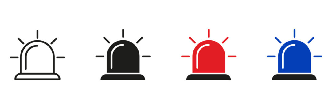 Emergency siren icon set. Collection of warning beacon, alarm light, and emergency notification symbols representing public safety, security alerts, emergency response, and hazard warnings.
