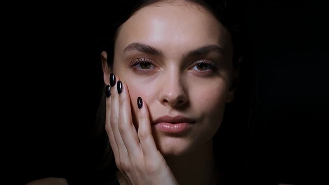 Beauty, skincare and woman in studio with natural makeup and dark nails for cosmetics, facial care and health. Model, portrait and skin on face with luxury wellness, spa and commercial advertising