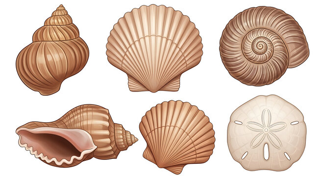Collection of various seashells and a sand dollar isolated on white background