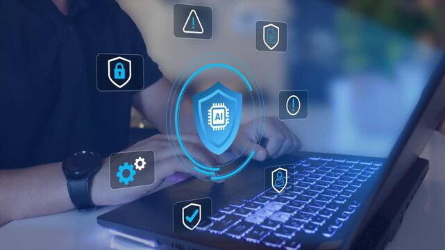 Enterprise AI Security Protection. Artificial intelligence governance compliance monitoring and cybersecurity defense control. Risk Management Cybersecurity Technology. 