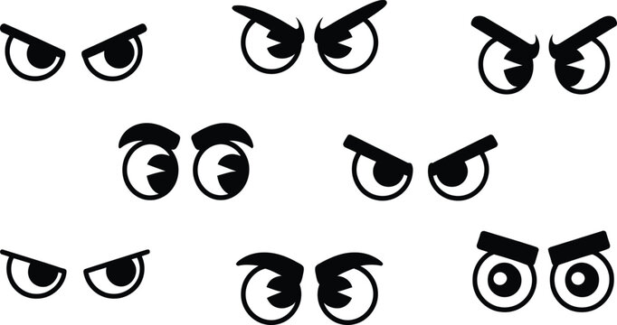 Collection of angry cartoon eye expressions in black and white with expressions irritated character emotions reaction aggressive silhouette elements collection animation expression negative
