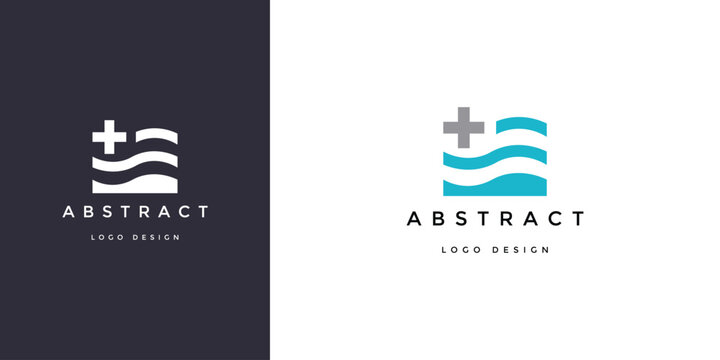 Medical logo design featuring a minimalist plus sign integrated with blue wavy lines in a professional vector illustration style suitable for modern healthcare branding corporate identity.