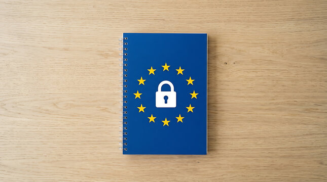 Blue Notebook Featuring European Union Flag Symbol and Padlock Icon for Data Privacy Concepts