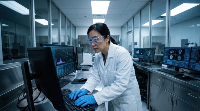 Female scientist working in modern laboratory setting.