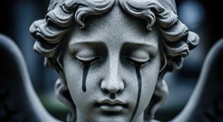 Obraz premium Stone angel statue with tears streaming down its face, featuring intricate details and wings, set against a blurred cemetery background