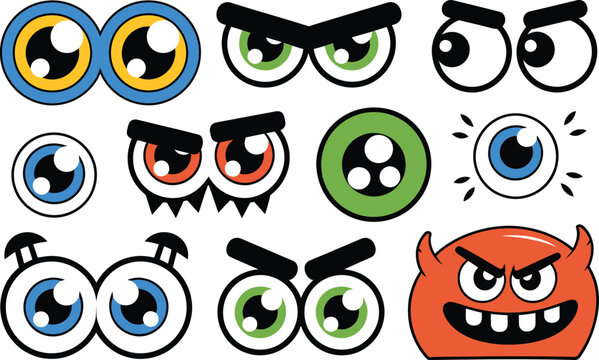 Set of cartoon monster eyes and funny creature expressions with creature expressions emotions colorful elements collection isolated illustration characters features expression childish
