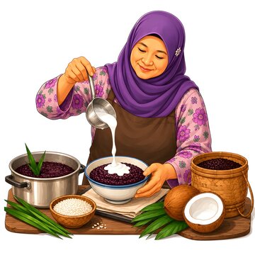 Malay Woman Making Pulut Hitam Dessert