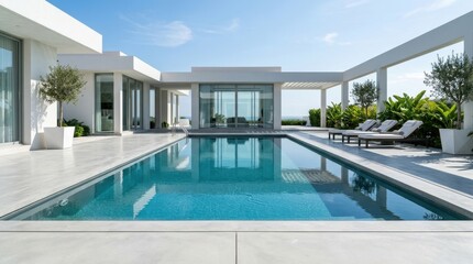 Fototapeta premium Modern luxury villa with swimming pool and lounge chairs on a sunny day