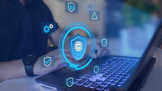 Enterprise AI Security Protection. Artificial intelligence governance compliance monitoring and cybersecurity defense control. Risk Management Cybersecurity Technology. 