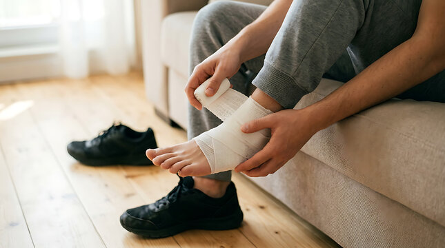 Young man applying compression bandage to injured ankle while sitting on couch