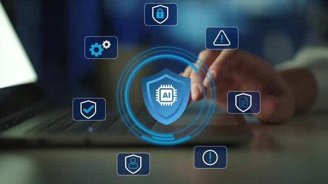 Enterprise AI Security Protection. Artificial intelligence governance compliance monitoring and cybersecurity defense control. Risk Management Cybersecurity Technology. 