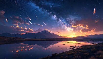 Starry Night Sky Over Mountain Range and Reflective Lake