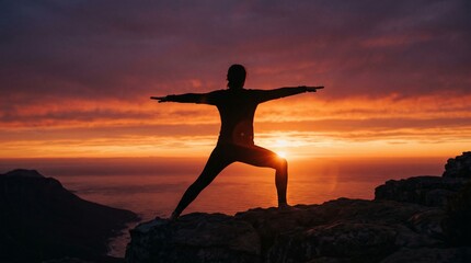 Fototapeta premium Silhouette of a Woman Practicing Yoga Warrior Pose on a Mountain Peak at Sunrise