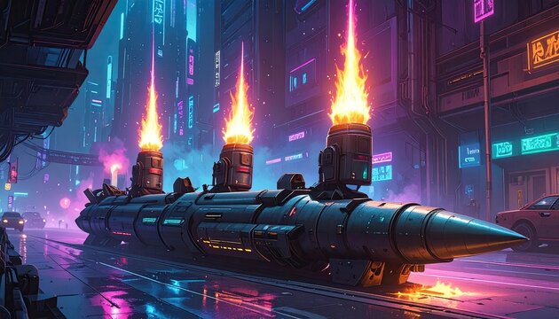 Futuristic Neon City Alley with Flaming Turbines and Large Rocket Car