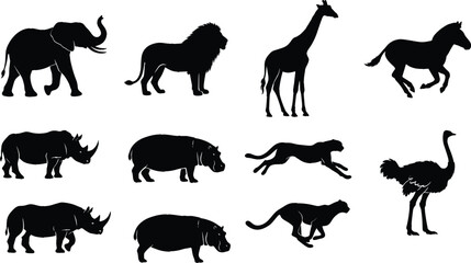 African Wildlife Silhouette Collection Featuring Elephant, Lion, Giraffe, Horse, Rhino, Hippo, Cheetah, and Ostrich © MdMorsalin