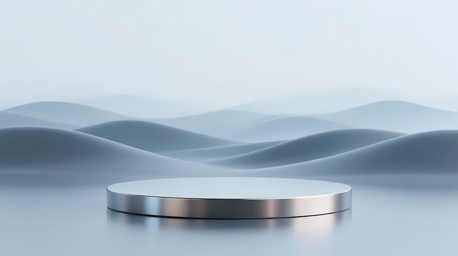 Silver circular stage against blue mountains