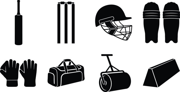 Vector set of black silhouette cricket sport equipment and gear icons isolated on white background