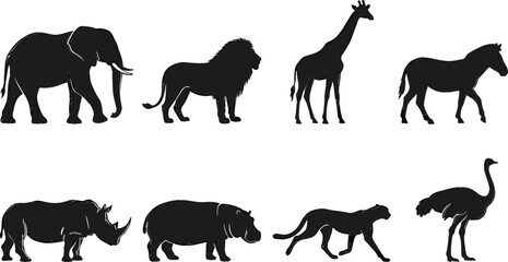 African Wildlife Animal Silhouette Collection Featuring Elephant, Lion, Giraffe, Zebra, Rhino, Hippo, Cheetah, and Ostrich © MdMorsalin