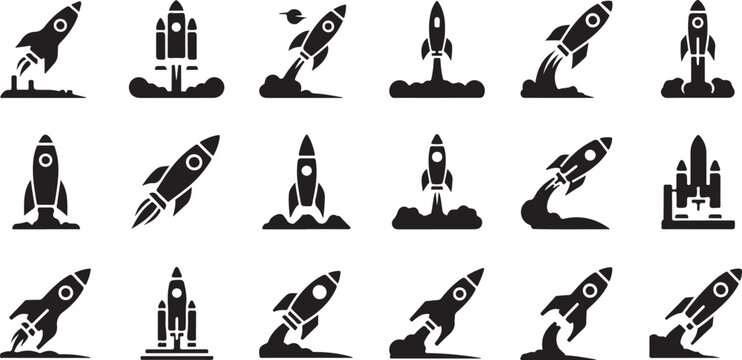 Black rocket ship icons, launch symbols, space exploration graphics, 20 launchpad illustrations