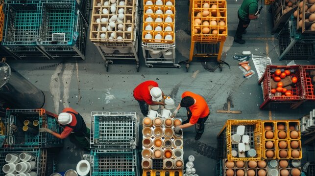 Three workers in orange shirts sort white and yellow egg cartons in a warehouse.