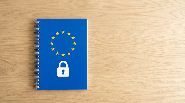 Ensuring data security A photorealistic blue spiral notebook with EU stars and padlock, symbolizing privacy compliance