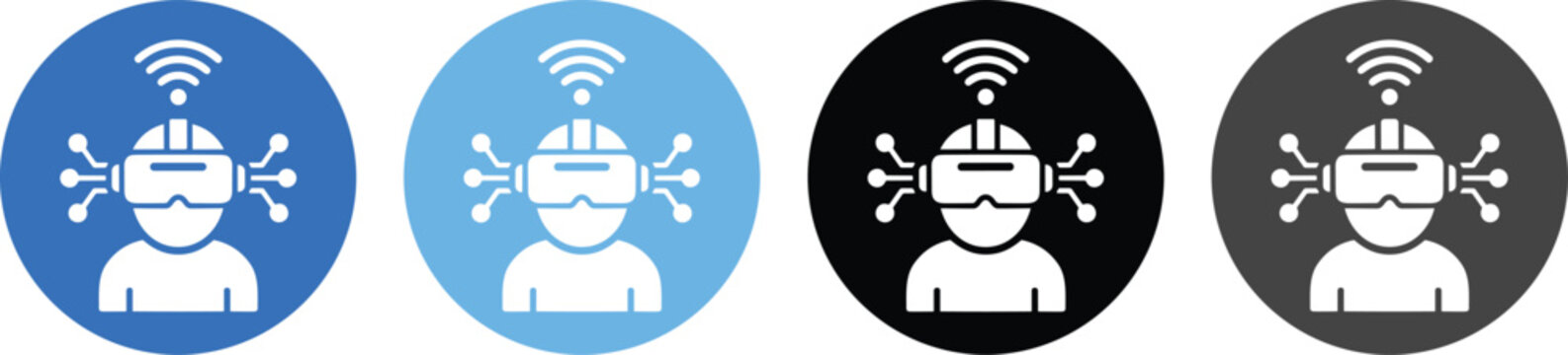 Virtual reality VR headset circular icon set representing immersive metaverse technology digital gaming and cyber simulation