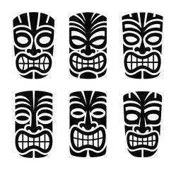 Six Black Tribal Hawaiian Tiki Mask Vector Art Icon Set © Naimur creativehouse