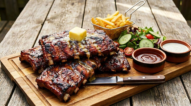 BBQ Smoked Ribs Stacked with Melting Butter and Crispy French Fries