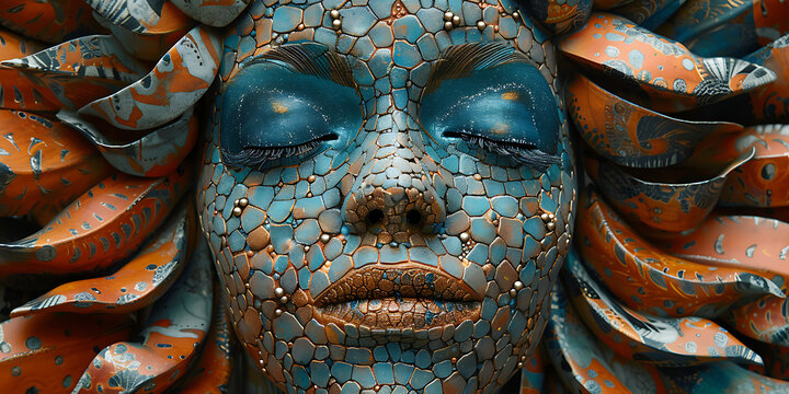 Woman with a mosaic patterned face stares with closed eyes in a surreal artistic portrait composition.