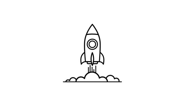 Animated countdown with rocket launch for business startup. Line art financial growth and project release transition on white