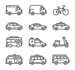 Fototapeta premium Vehicle Transport Line Icon Set Car Bus Taxi Bike Van