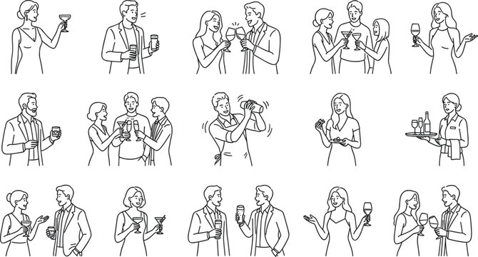 Party People and Hospitality Staff Line Art Character Set Featuring Guests Toasting Drinks Bartender Shaking Cocktails and Waitress Serving Alcoholic Beverages Graphic Designs