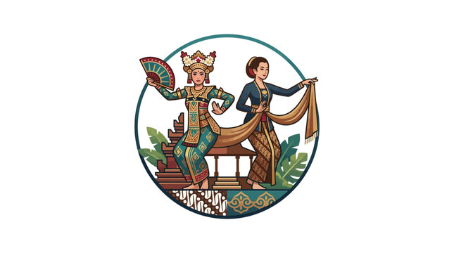 Balinese dancers with traditional scenic background vector