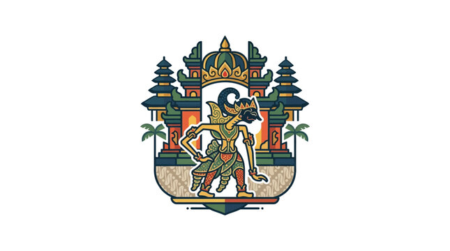 Balinese puppet dancer with traditional temple gate.