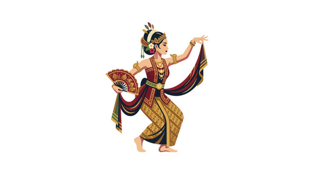 Balinese dancer holding a fan in traditional costume.