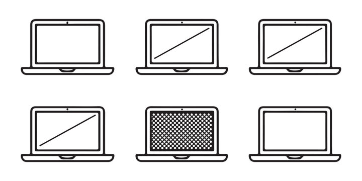 Selection of computer laptop line icons showing varied screen contents including lines and dot patterns.