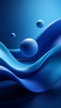 Abstract grainy blue velvet wave background with 3d floating spheres vertical composition perfect for modern mobile device wallpaper and social media stories.