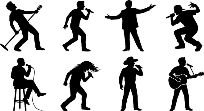 Singer and Musician Silhouette Icon Set Featuring Vocalists Performing Live Concert Pop Rock Rap Country and Acoustic Guitar Stage Performance Elements (21 words)