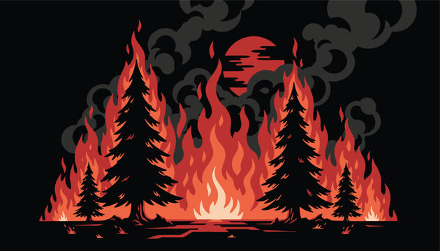 Dramatic landscape of a forest fire with intense red flames consuming pine trees under a dark sky and a red glowing sun or moon.