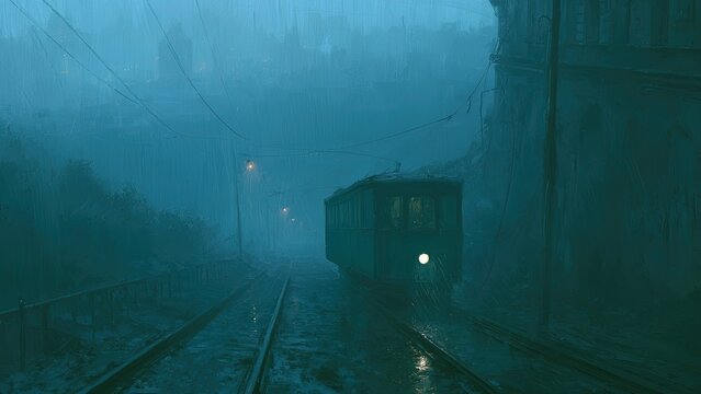 霧雨の街を走る路面電車 幻想的な夜景イラスト