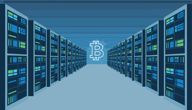 Modern cryptocurrency mining facility with rows of server racks and a glowing blue Bitcoin logo in the center of the data center.