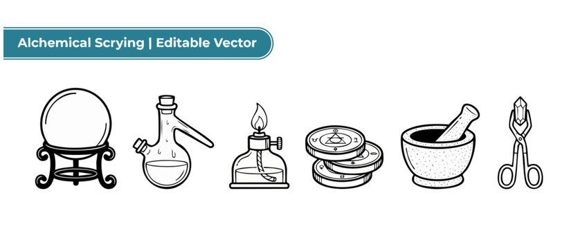 Alchemy vector icons set crystal ball retort flask burner coins mortar and tongs. Black line art graphics for ancient chemistry witchcraft occult magic mystery and medieval scrying ritual designs.