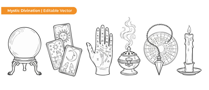 Mystic divination vector icons set featuring crystal ball, tarot cards, palmistry hand, incense burner, dowsing pendulum, and candle for esotericism, witchcraft rituals, occult magic, fortune telling.
