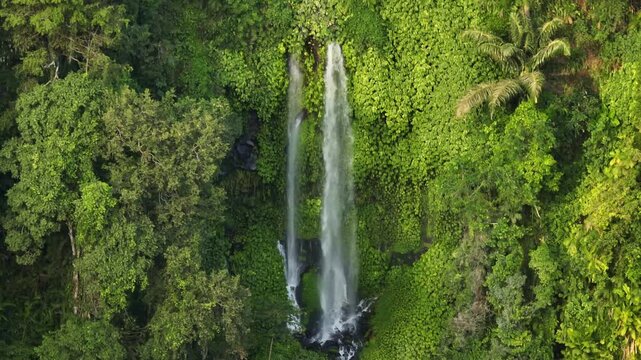 Sendang Gile Waterfall cascades pure water down a cliff face, surrounded by dense, vibrant green foliage and tropical trees creating a serene natural landscape. Aerial view static shot