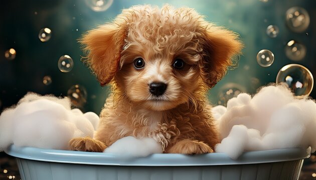 cute puddle puppy dog in a small bathtub with soap foam and bubbles generative ai