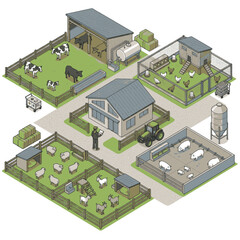 Isometric view of a modern farm with various animals and buildings, showcasing agricultural life. © gonel