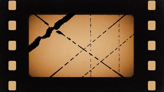 Film frame vintage 35mm texture with sprocket holes grain scratches and dust particles flickering on black background for cinema aesthetic overlay.