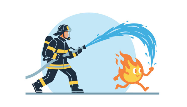 Courageous firefighter in full gear spraying a jet of water from a hose to extinguish a small running fire character.