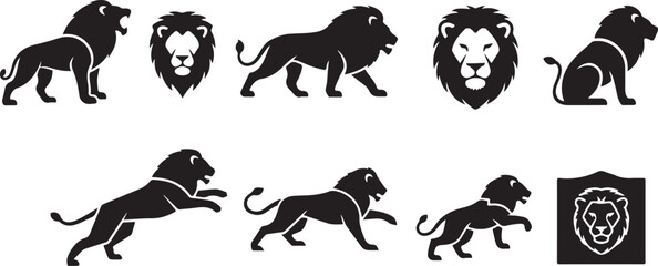 Lion icons, black silhouettes, animal symbols, logo elements, vector graphics © fksamia