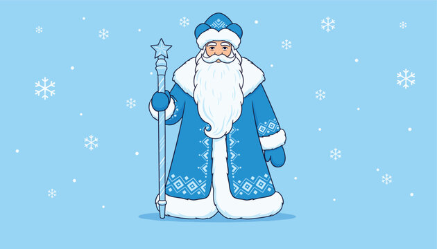 Traditional Russian Santa Claus known as Ded Moroz wearing a blue ornate coat and holding a magic star staff in the snow.